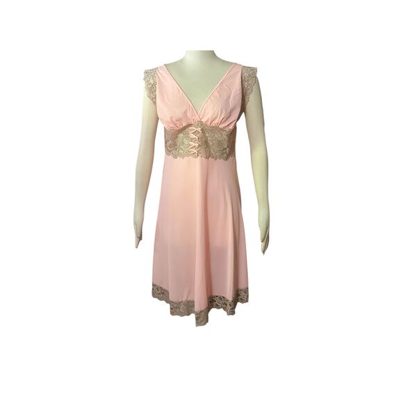1960s Aristocraft Pink Tan Lace Accents V Neck Negligee Nightgown Size L - Picture 1 of 6